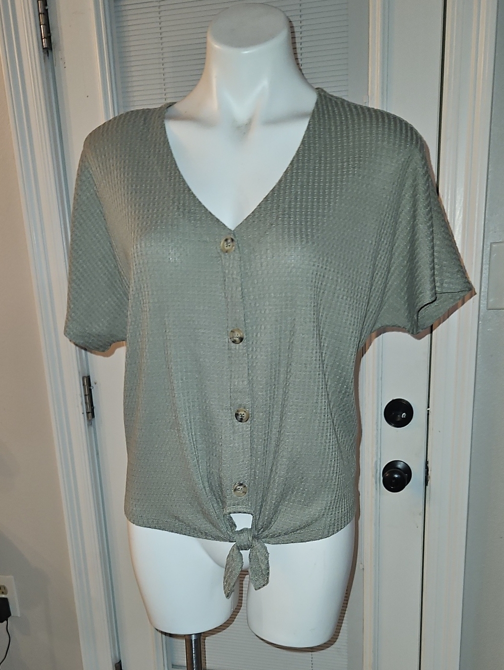 Double Zero Sage Green Button-Front Tie Hem Top